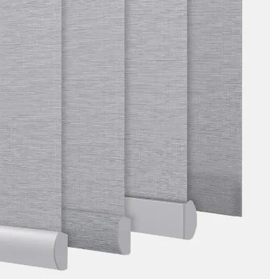 Gray vertical blinds with textured fabric.